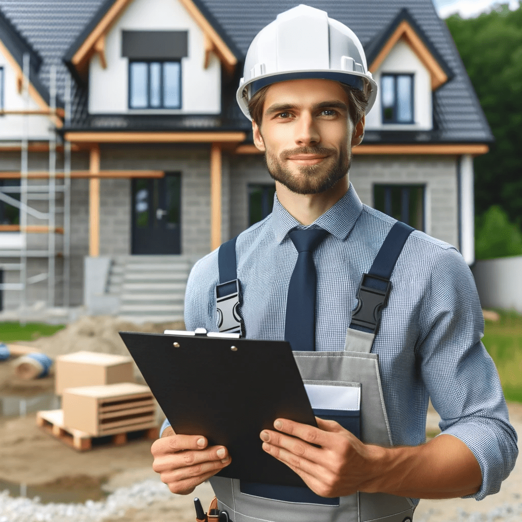 Photo of a professional home inspector wearing a hard hat and holding a clipboard, standing in front of a newly constructed house, examining its structure