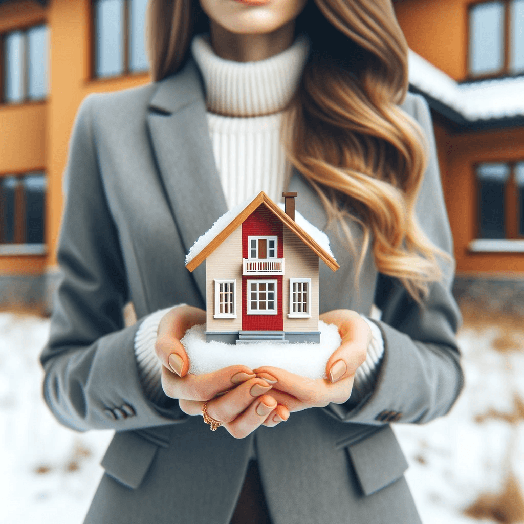 photo depicting a real estate agent holding a house model, standing outside a snowy home