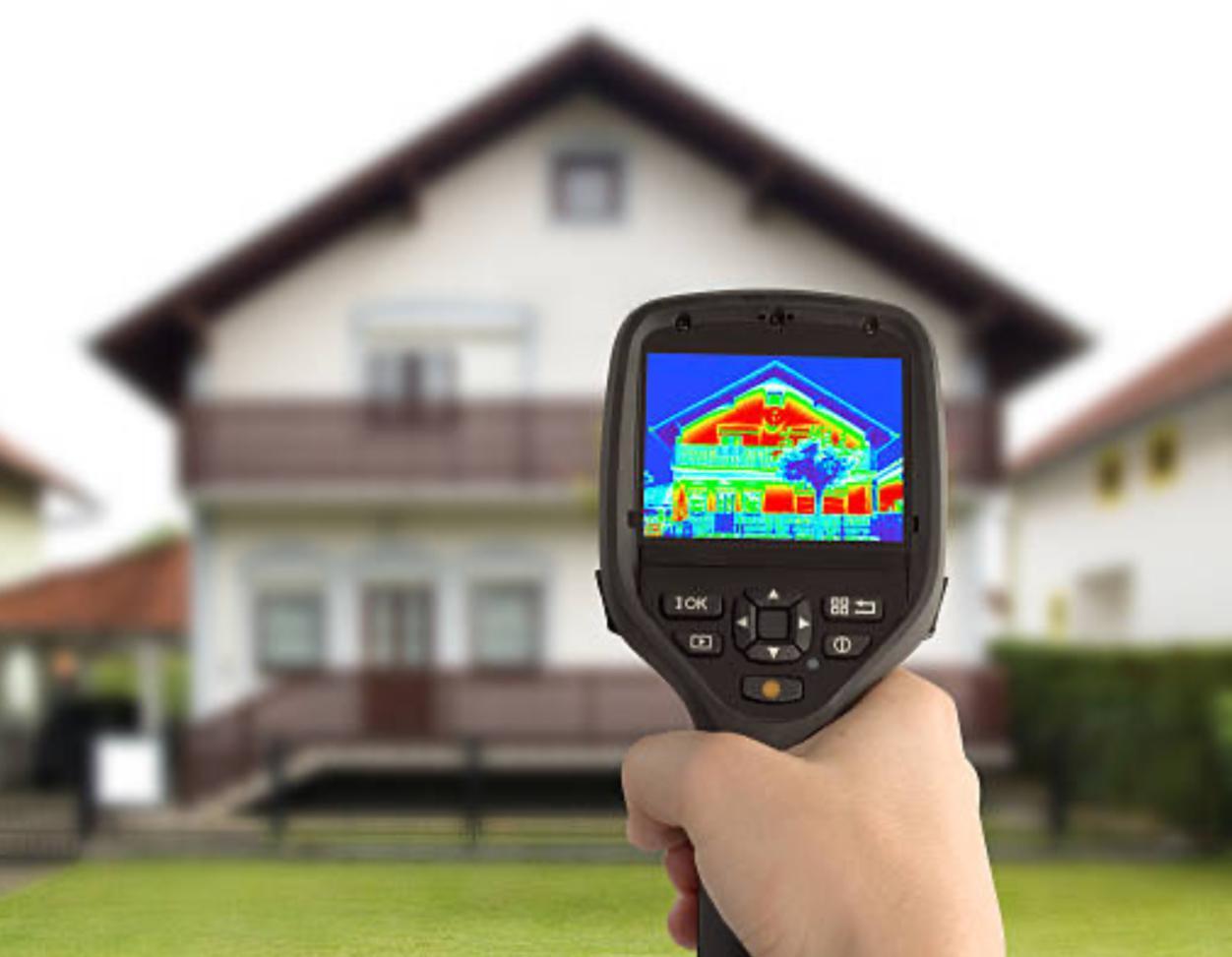 thermal camera being pointed at a house and showing areas of excessive temperature in the building